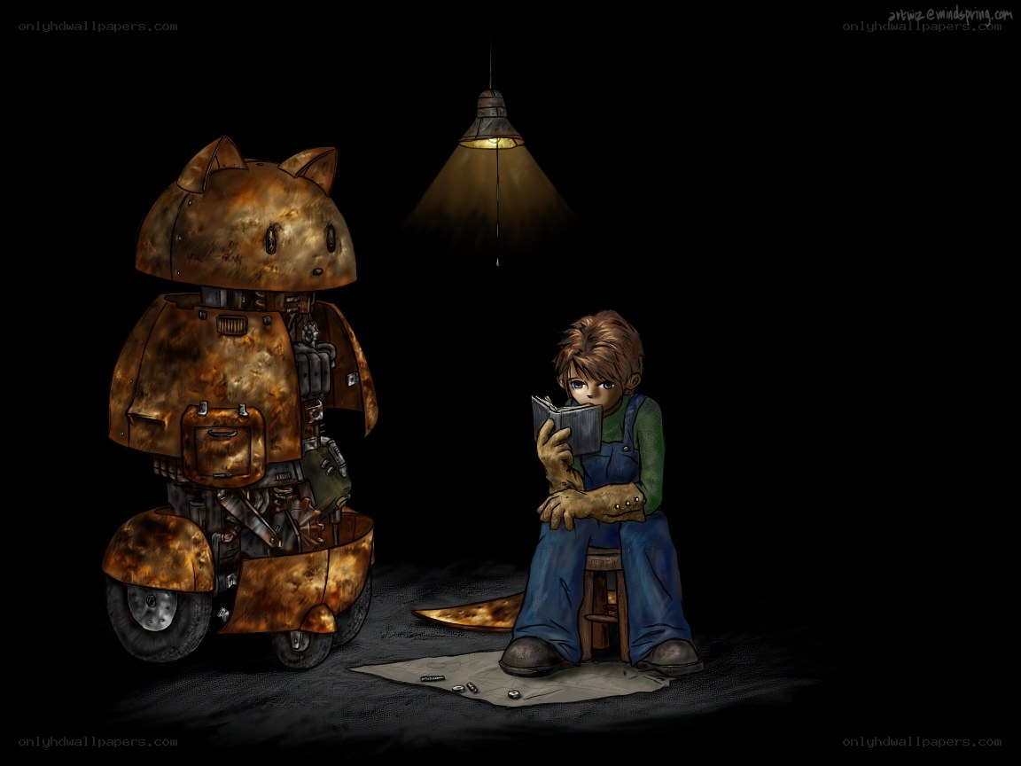Boy and robot reading together