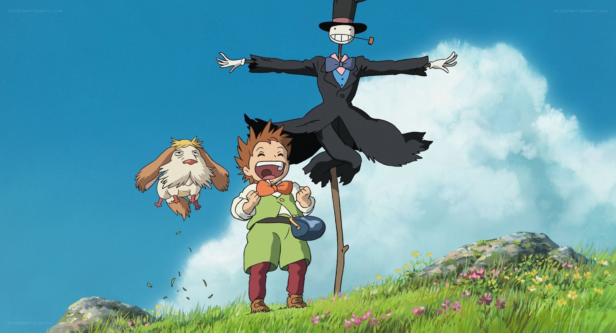 boy and scarecrow in a field