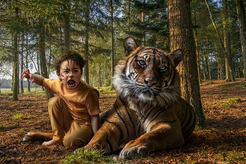 Boy and Tiger in Forest