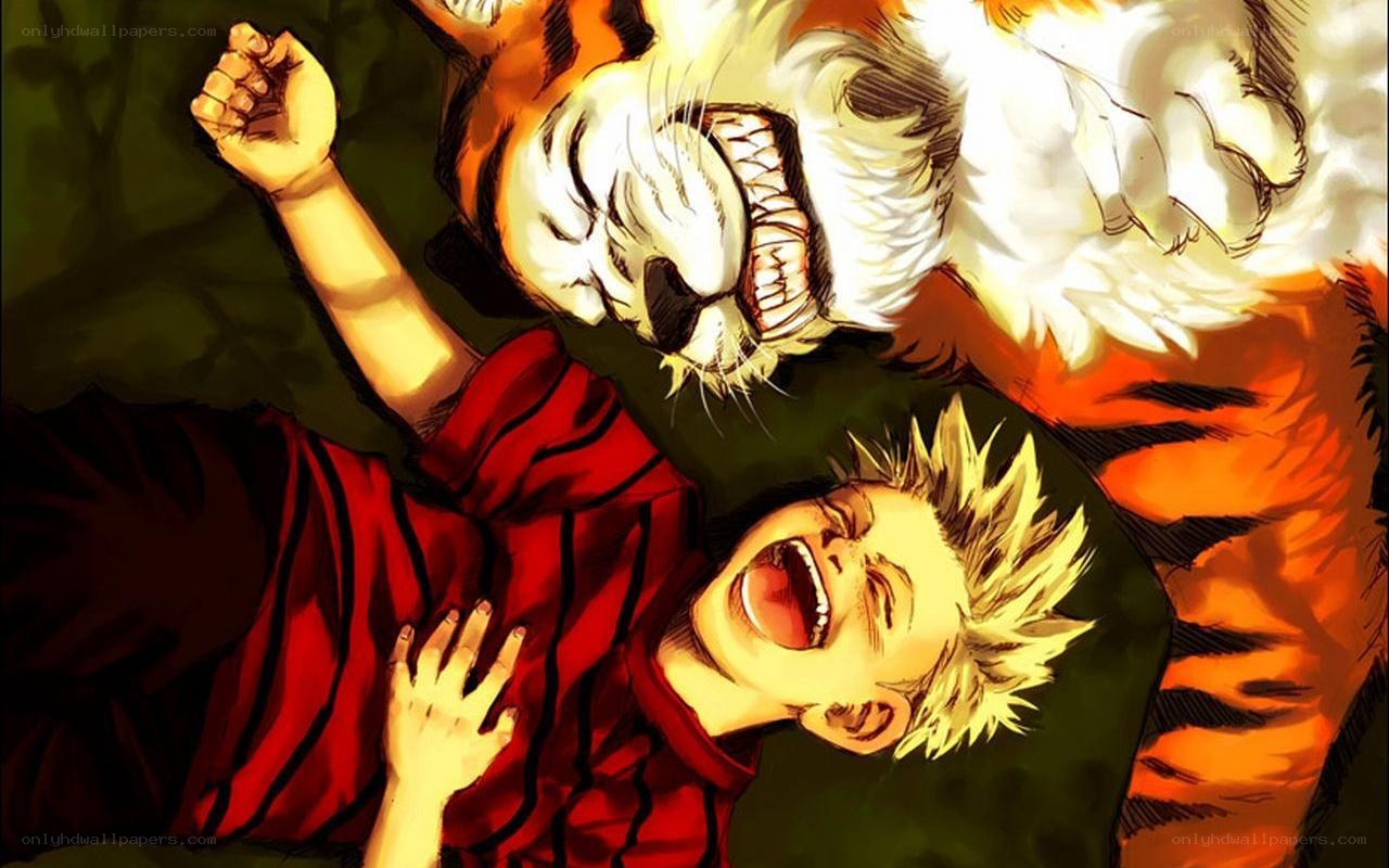 Boy and tiger laughing together