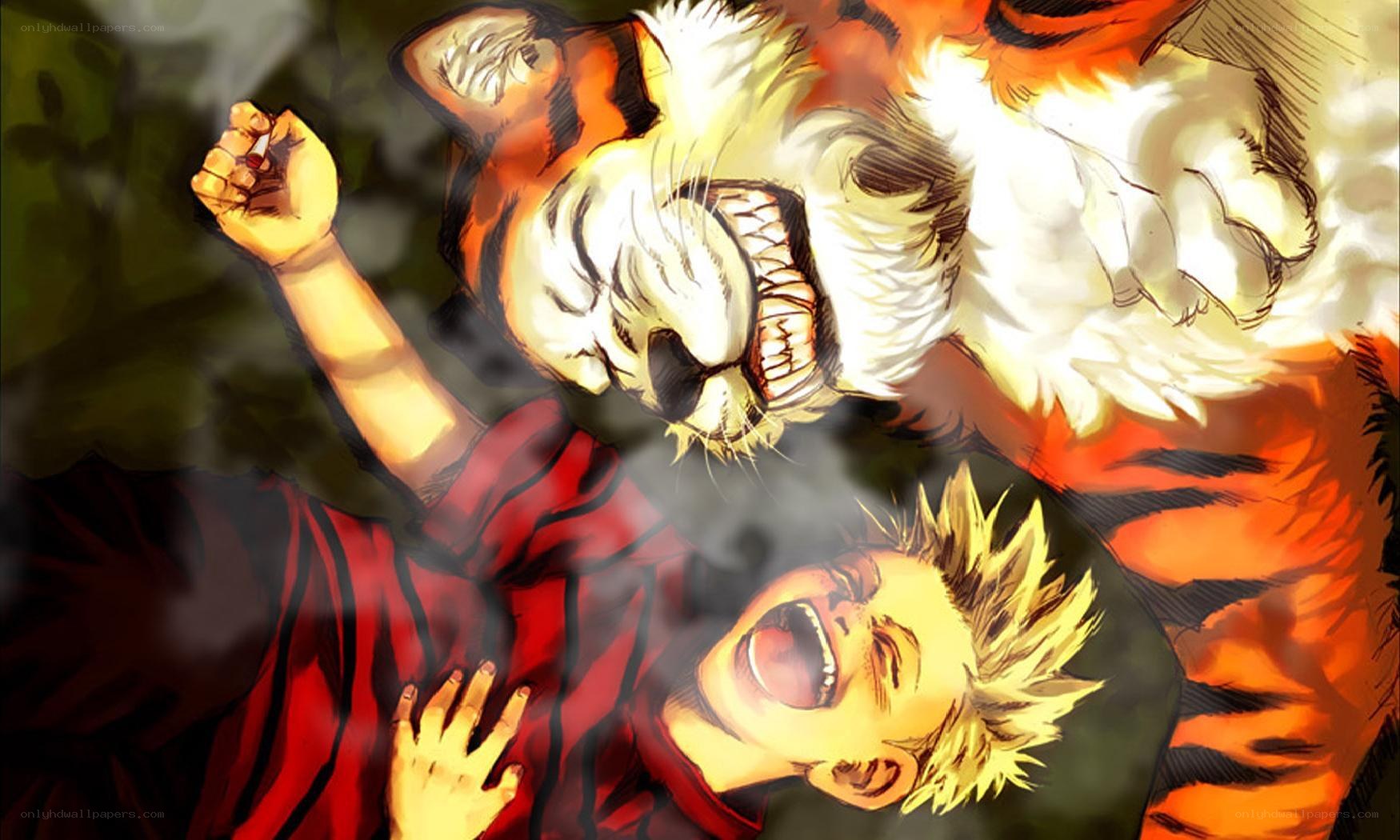 Boy and tiger laughing together