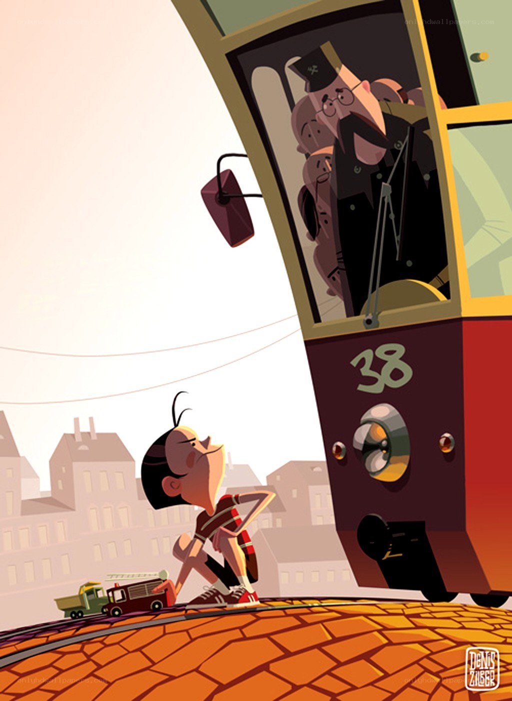 Boy and Tram on Cobblestones
