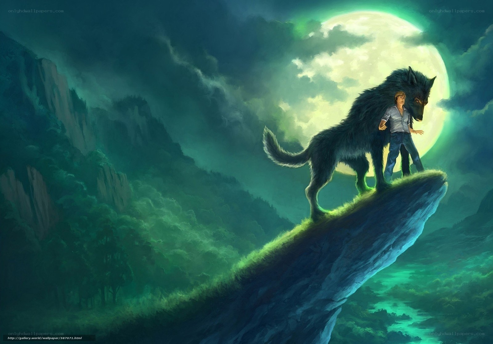 Boy and wolf on a cliff