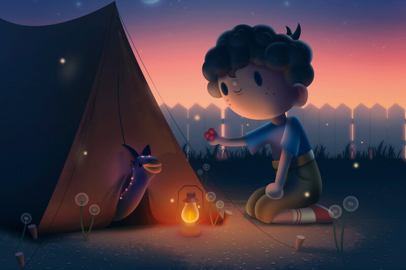 Boy Camping with Creature