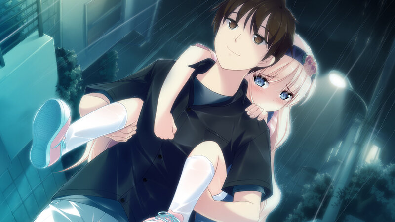 Boy Carrying Girl in Rain — Blue