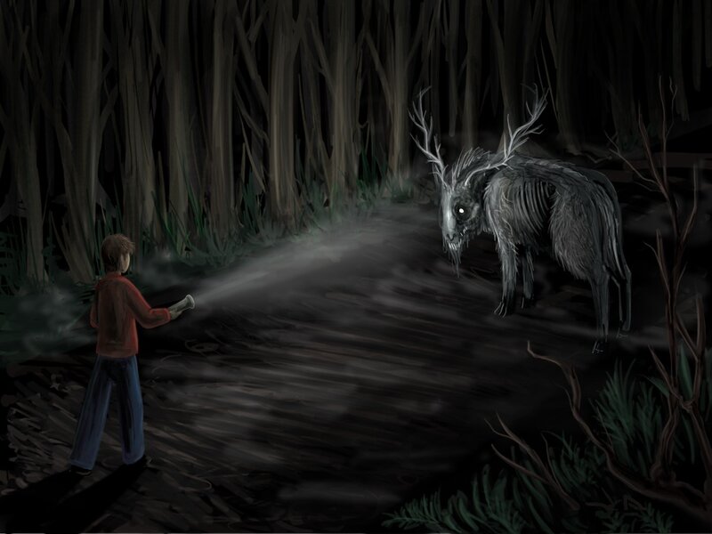 Boy confronts forest creature