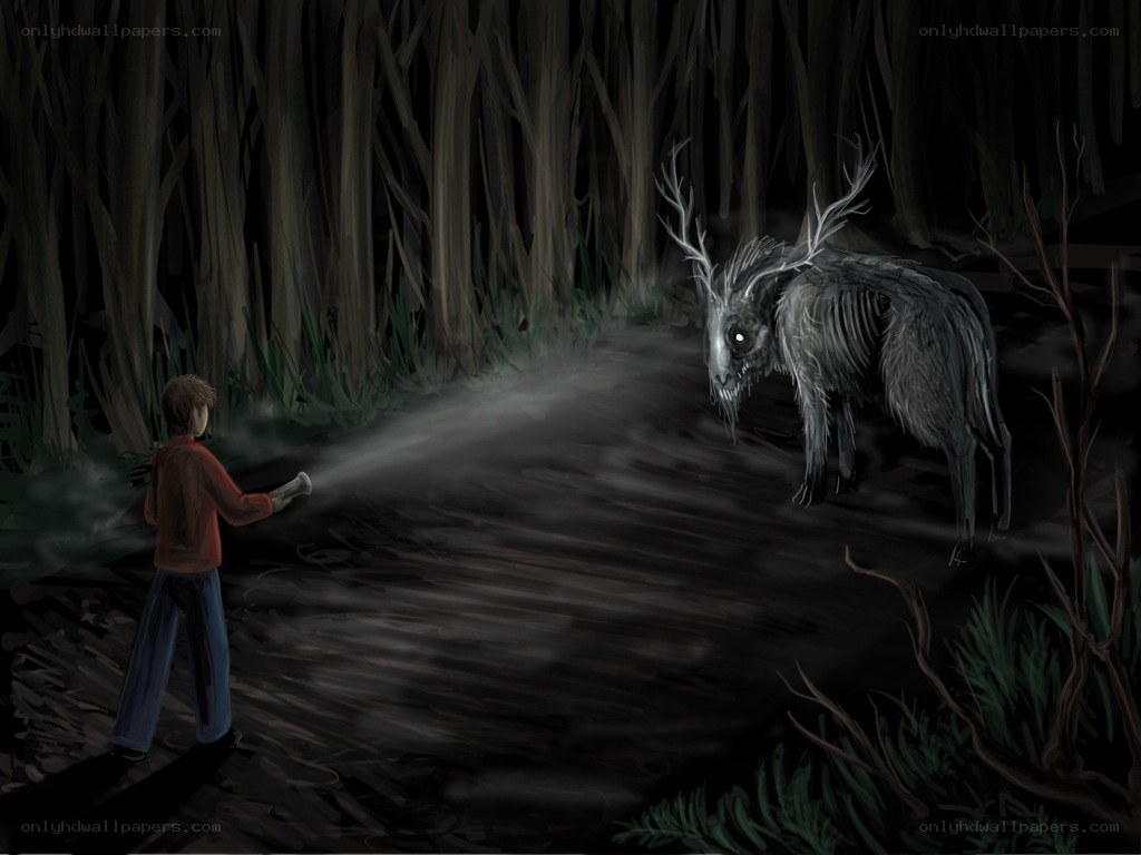 Boy confronts forest creature