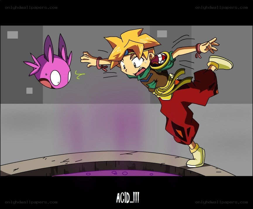 Boy dodging a purple creature
