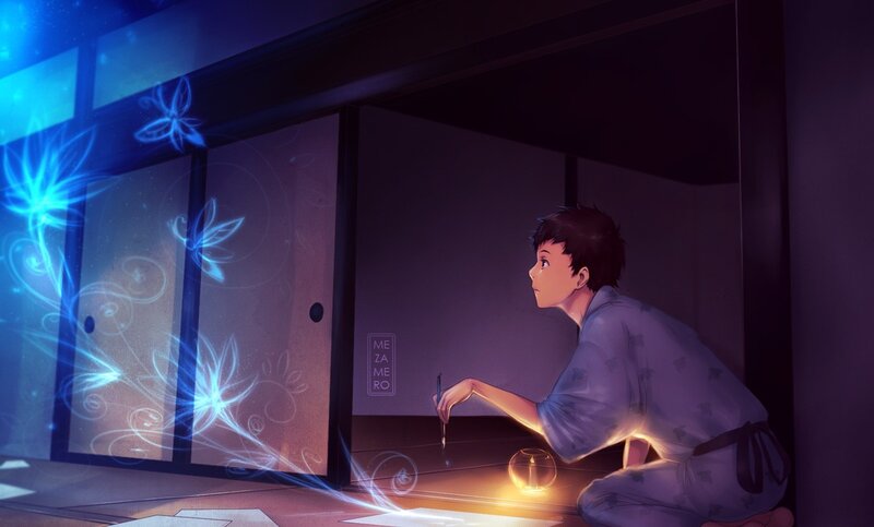 boy drawing glowing patterns