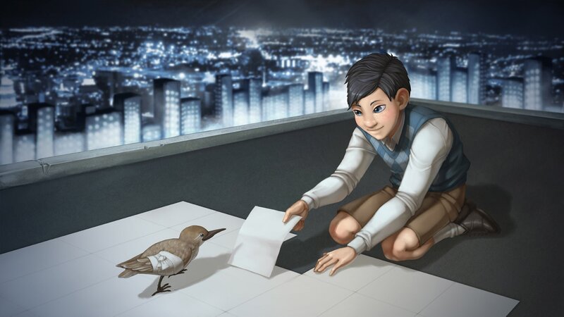 Boy Feeding Bird — Blue