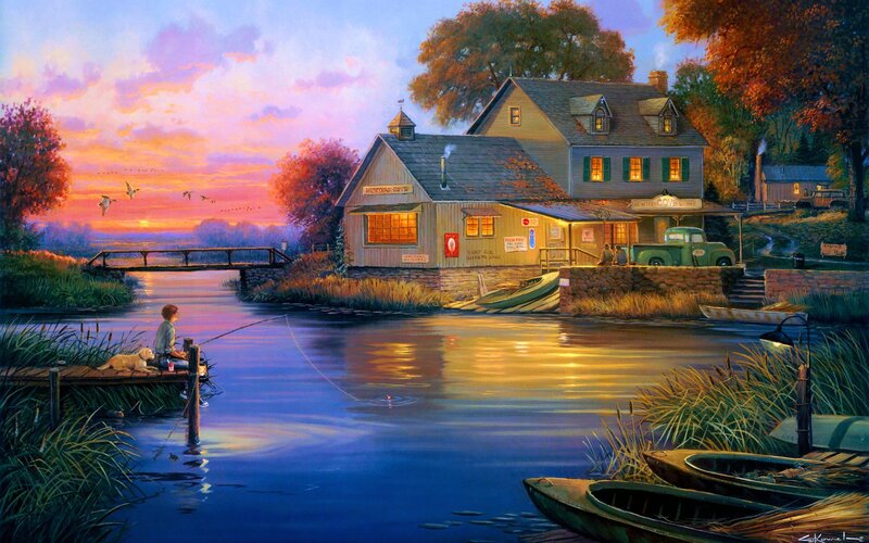 Boy Fishing at Sunset — Blue