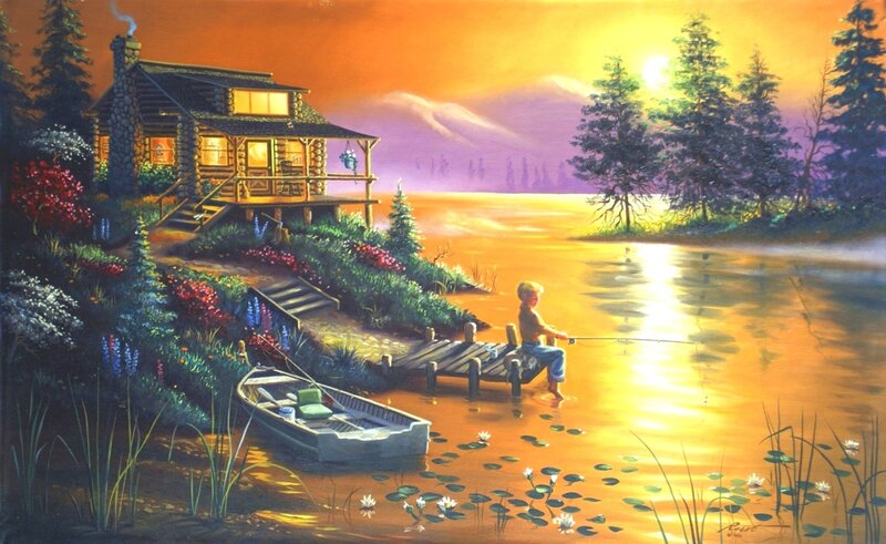 Boy Fishing at Sunset — Orange, Serene