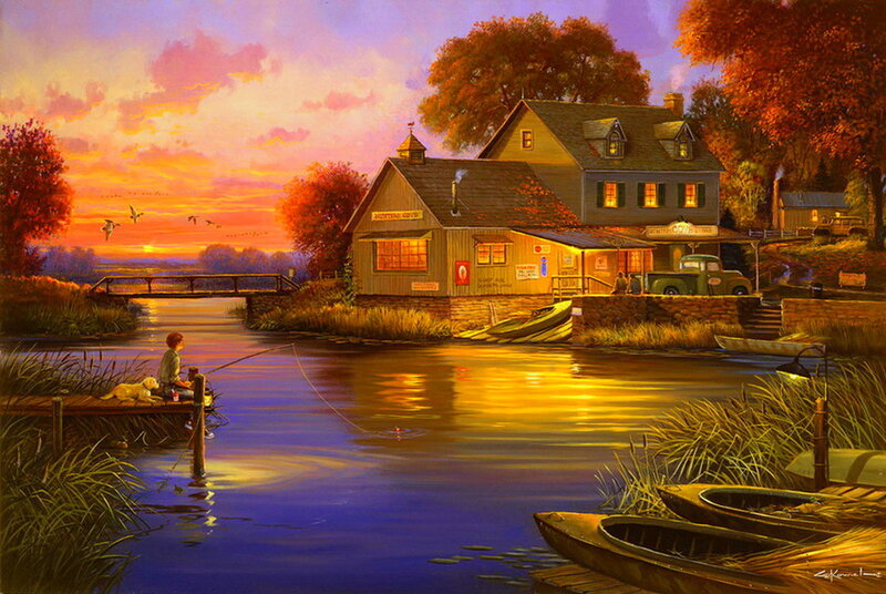 Boy Fishing at Sunset — Orange