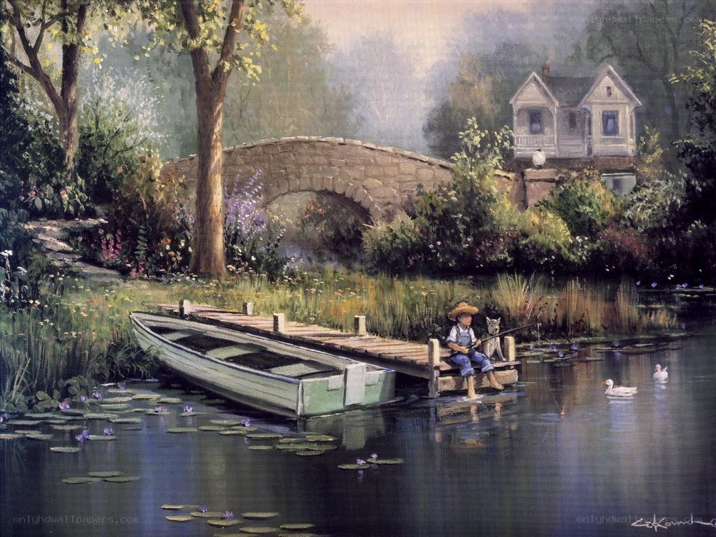 Boy fishing by a pond