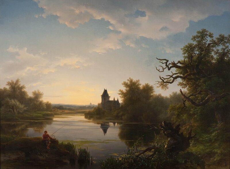 Boy Fishing by River — Blue, Serene, Sunset