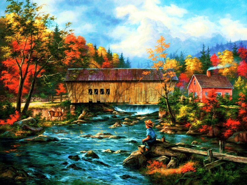 Boy Fishing by River — Blue, Serene