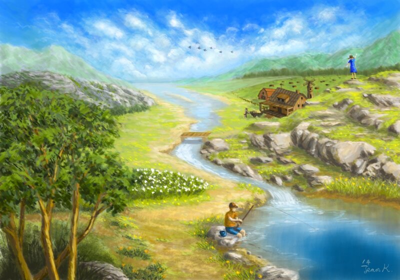 Boy Fishing by River — Blue