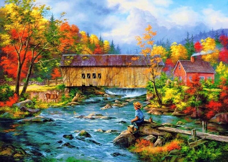 Boy Fishing by River — Green, Serene
