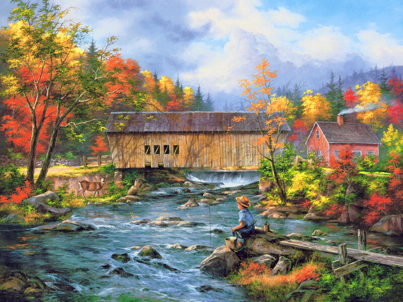 Boy Fishing by River — Green