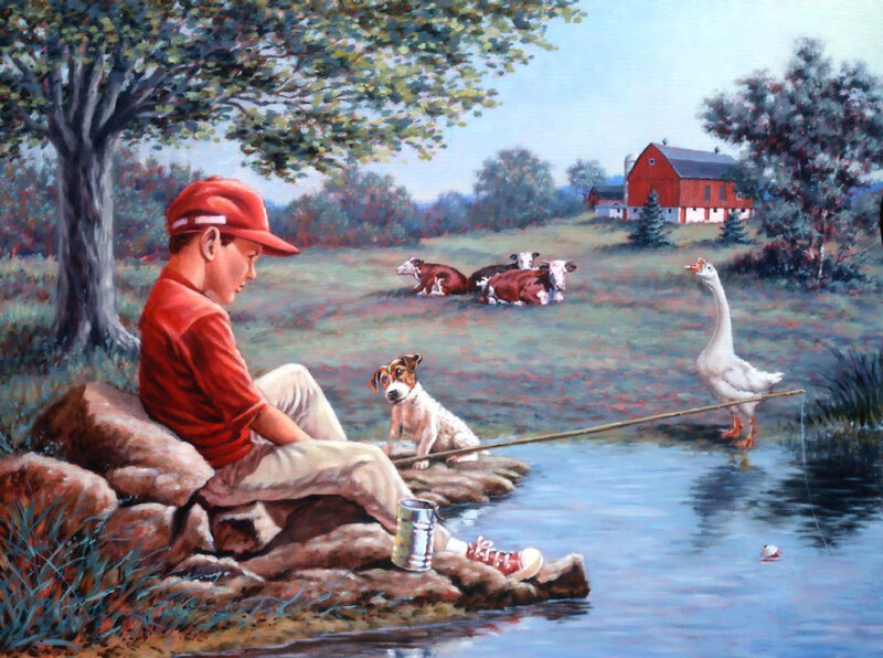 Boy Fishing by River — Red