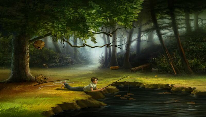 Boy Fishing in Stream
