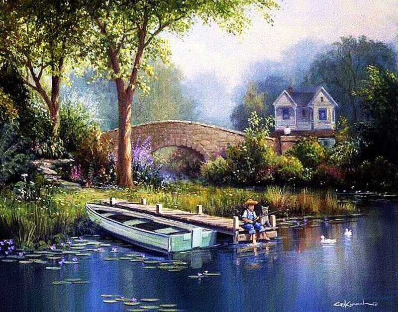 Boy Fishing on Dock — Blue, Serene, Afternoon