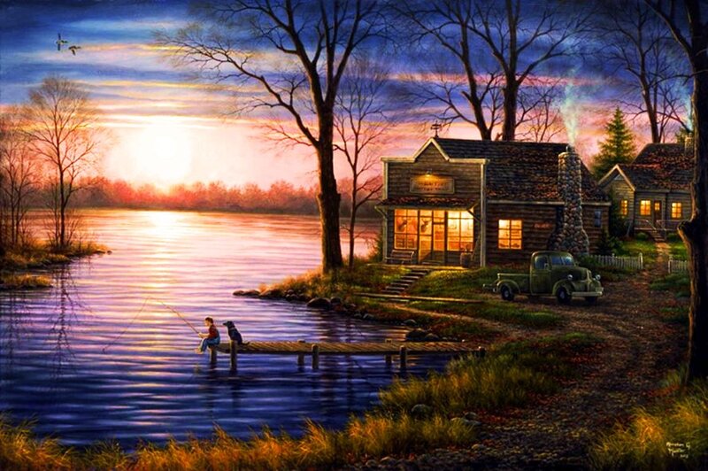 Boy Fishing on Dock — Blue, Serene, Sunset