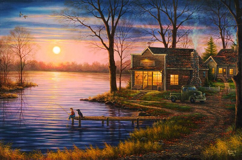 Boy Fishing on Dock — Blue, Serene