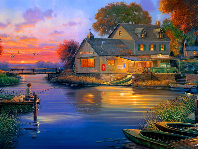 Boy Fishing on Dock — Blue