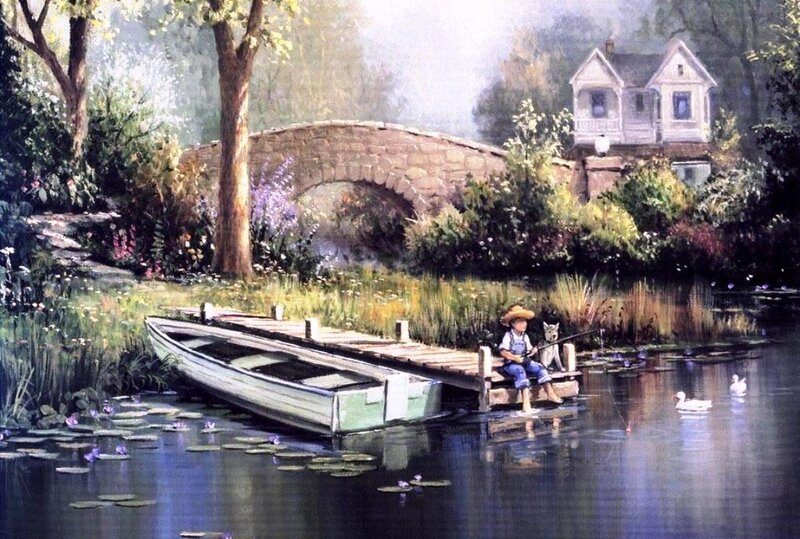 Boy Fishing on Dock — Green