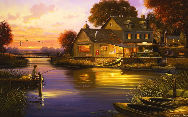Boy Fishing on Dock — Yellow