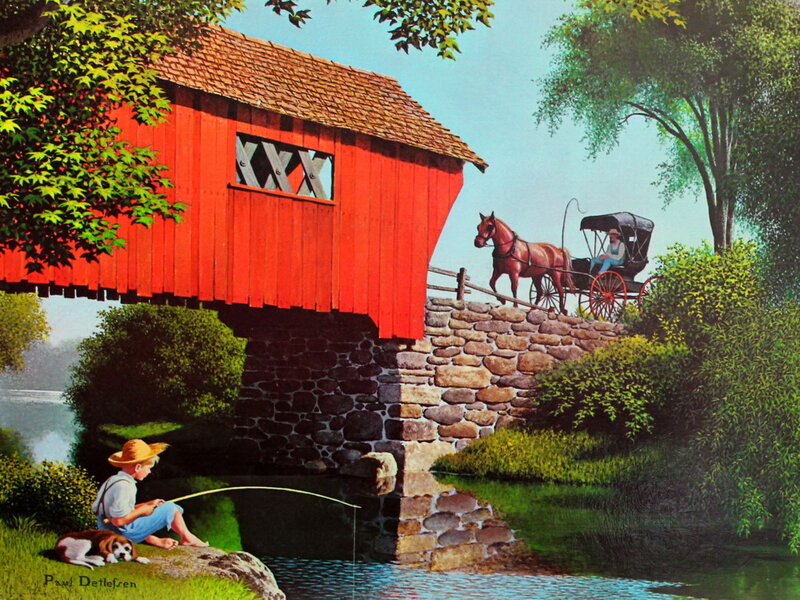 Boy Fishing under Bridge