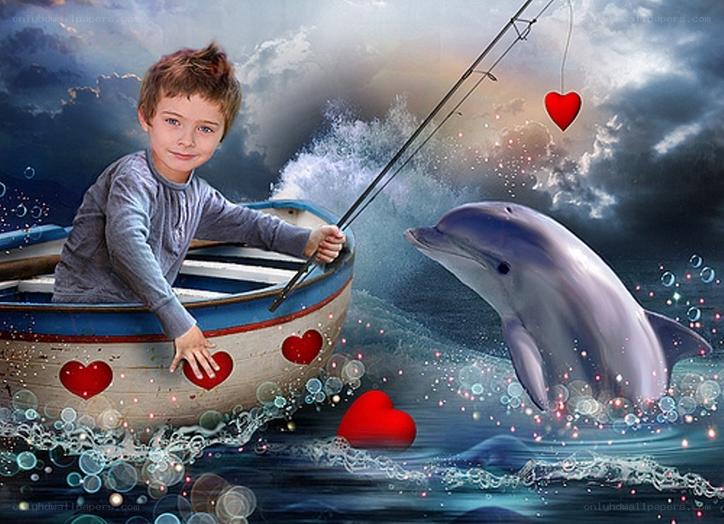 Boy fishing with a dolphin