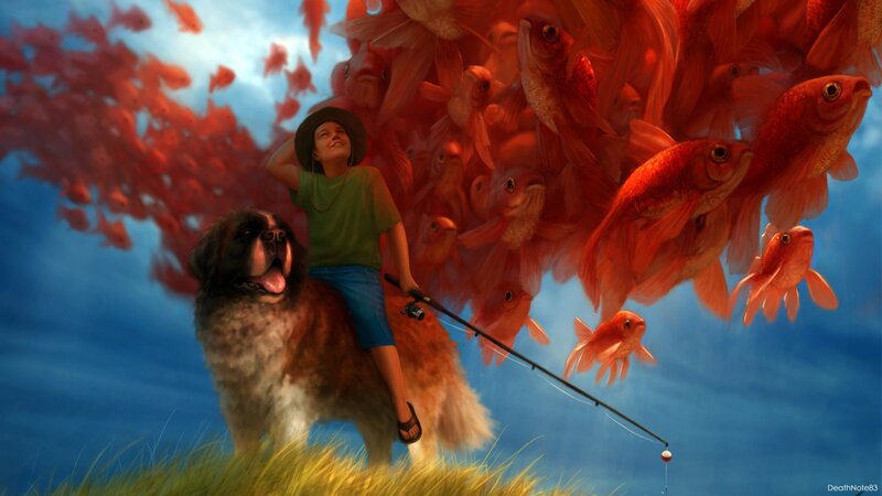 Boy fishing with dog and goldfish