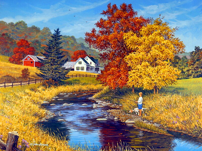 Boy Fishing with Dog — Blue, Serene