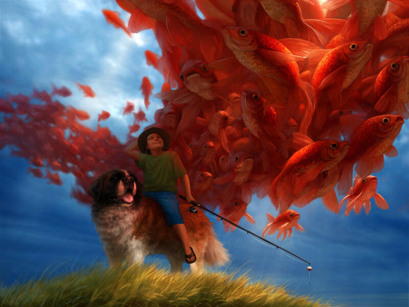 Boy Fishing with Dog — Blue