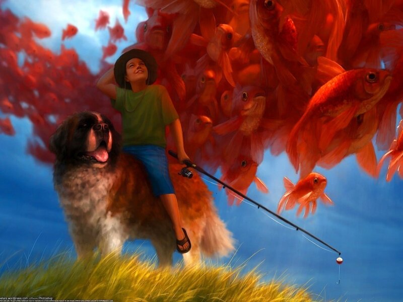 Boy Fishing with Dog — Blue, Whimsical