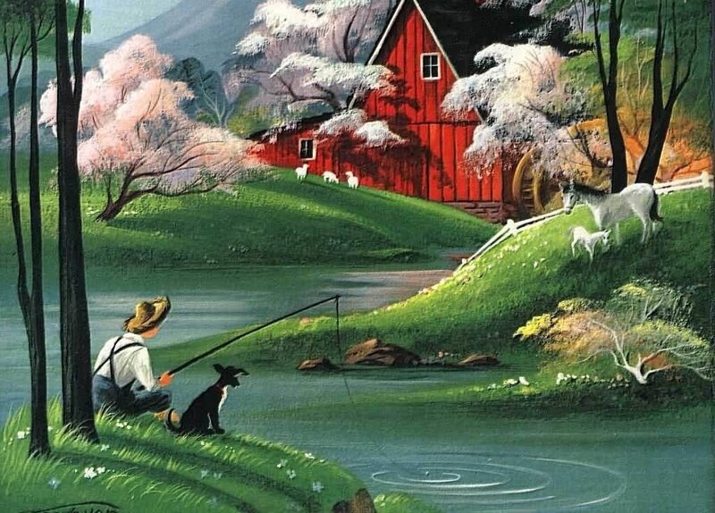 Boy Fishing with Dog — Green