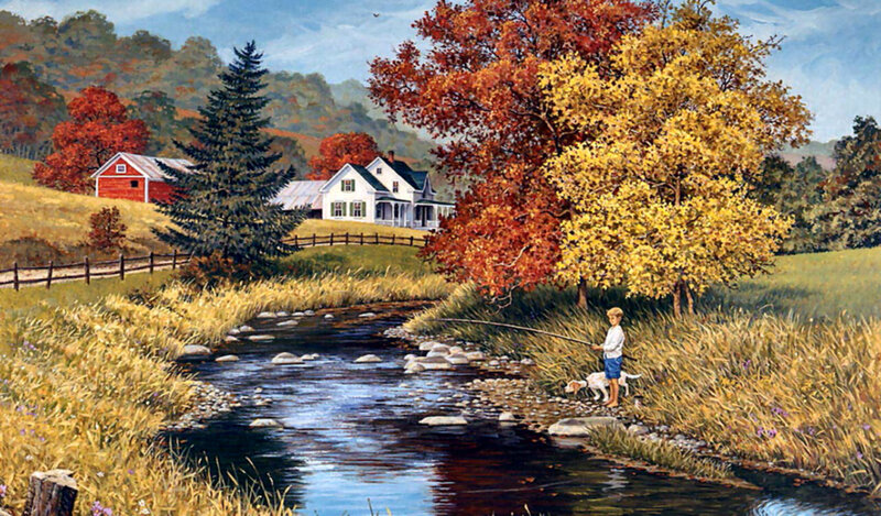 Boy Fishing with Dog — Yellow