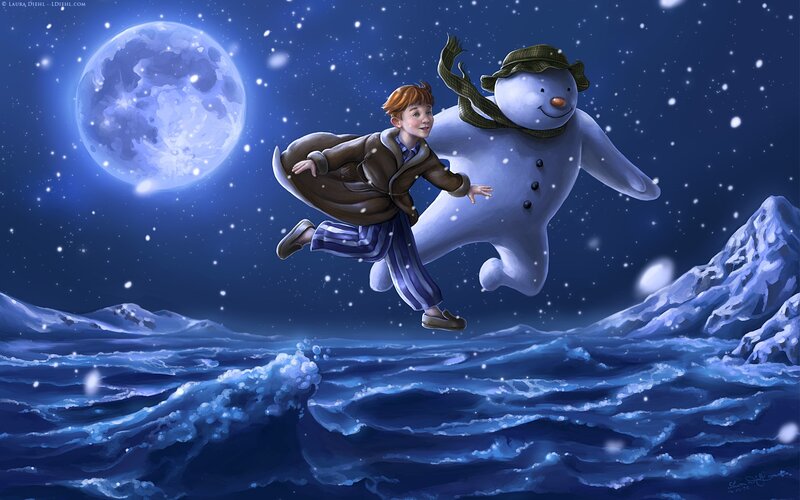 boy flying with snowman