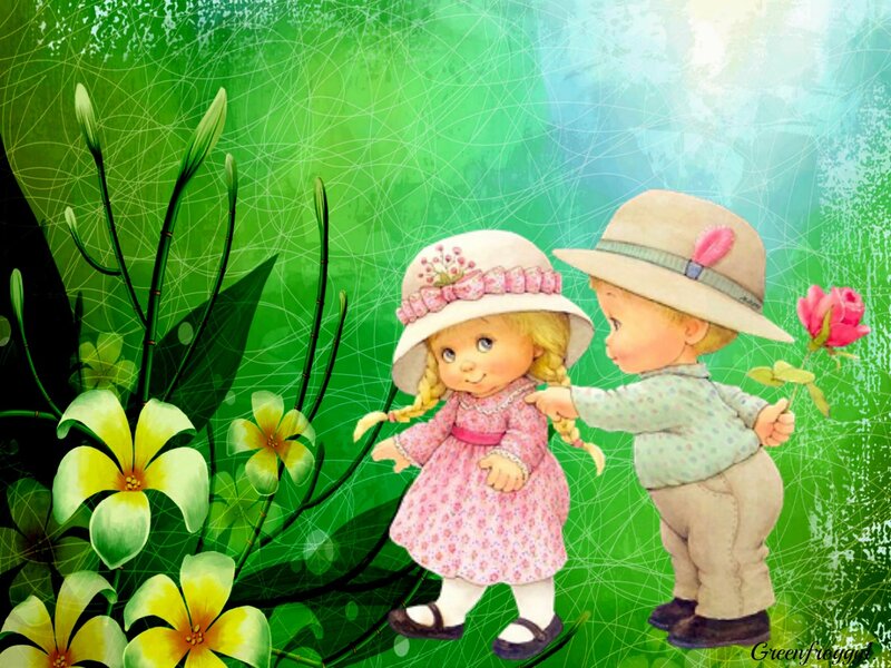 Boy Giving Flower to Girl — Green