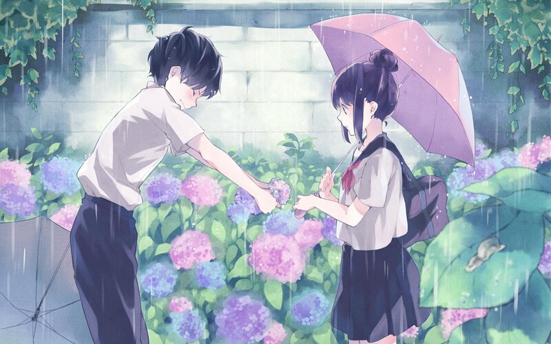 Boy Giving Flower to Girl — Purple, Serene
