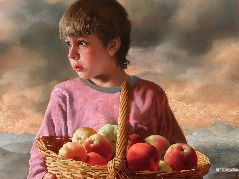 Boy Holding Basket of Apples — Pink