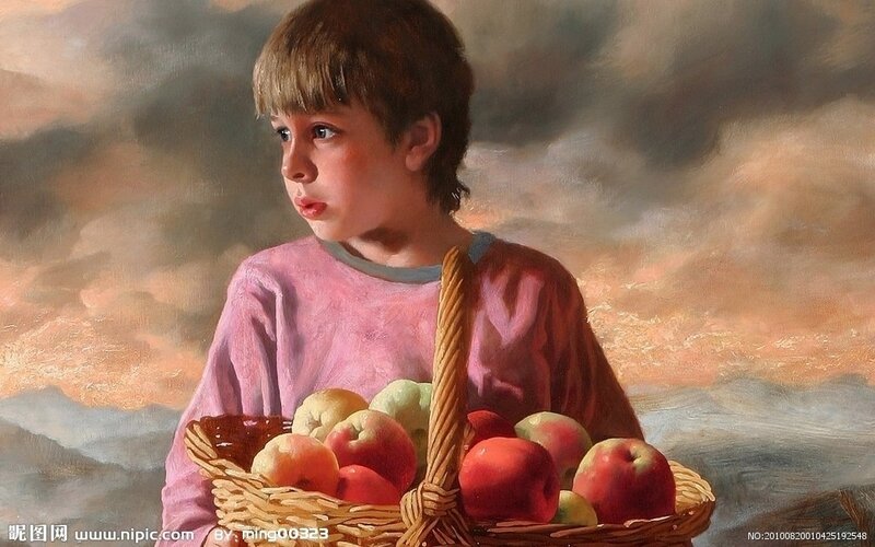 Boy Holding Basket of Apples