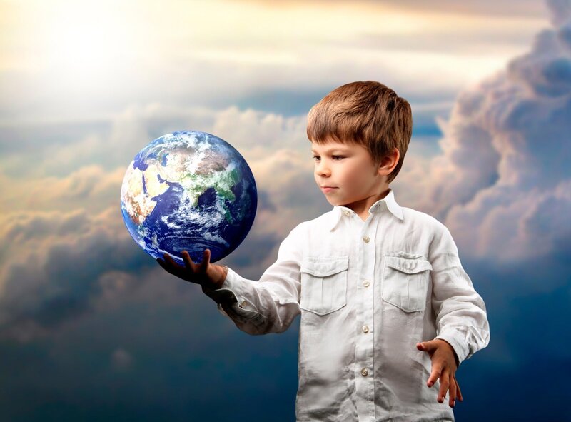 Boy Holding Earth — Blue