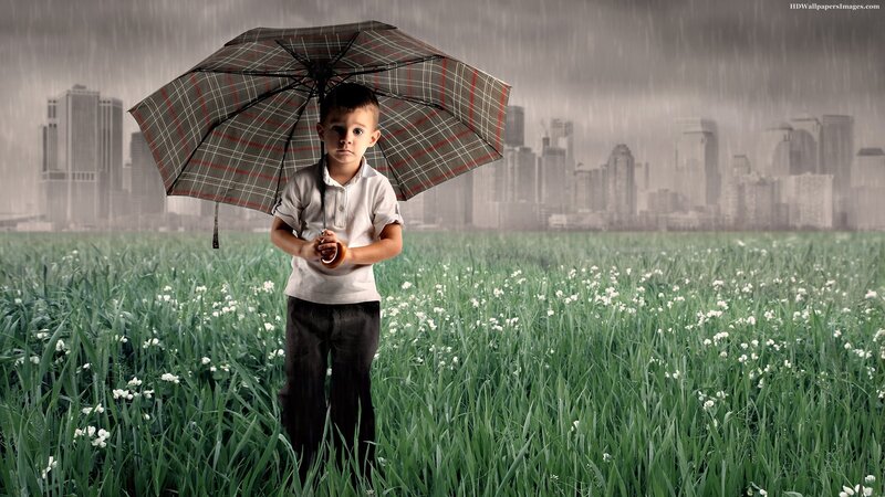 Boy Holding Umbrella — Green, Dramatic