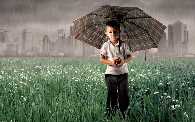 Boy Holding Umbrella — Green