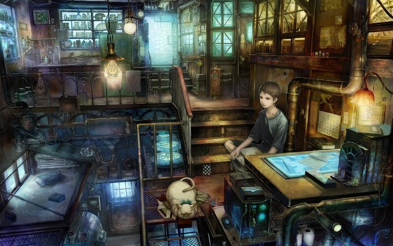 boy in a steampunk workshop