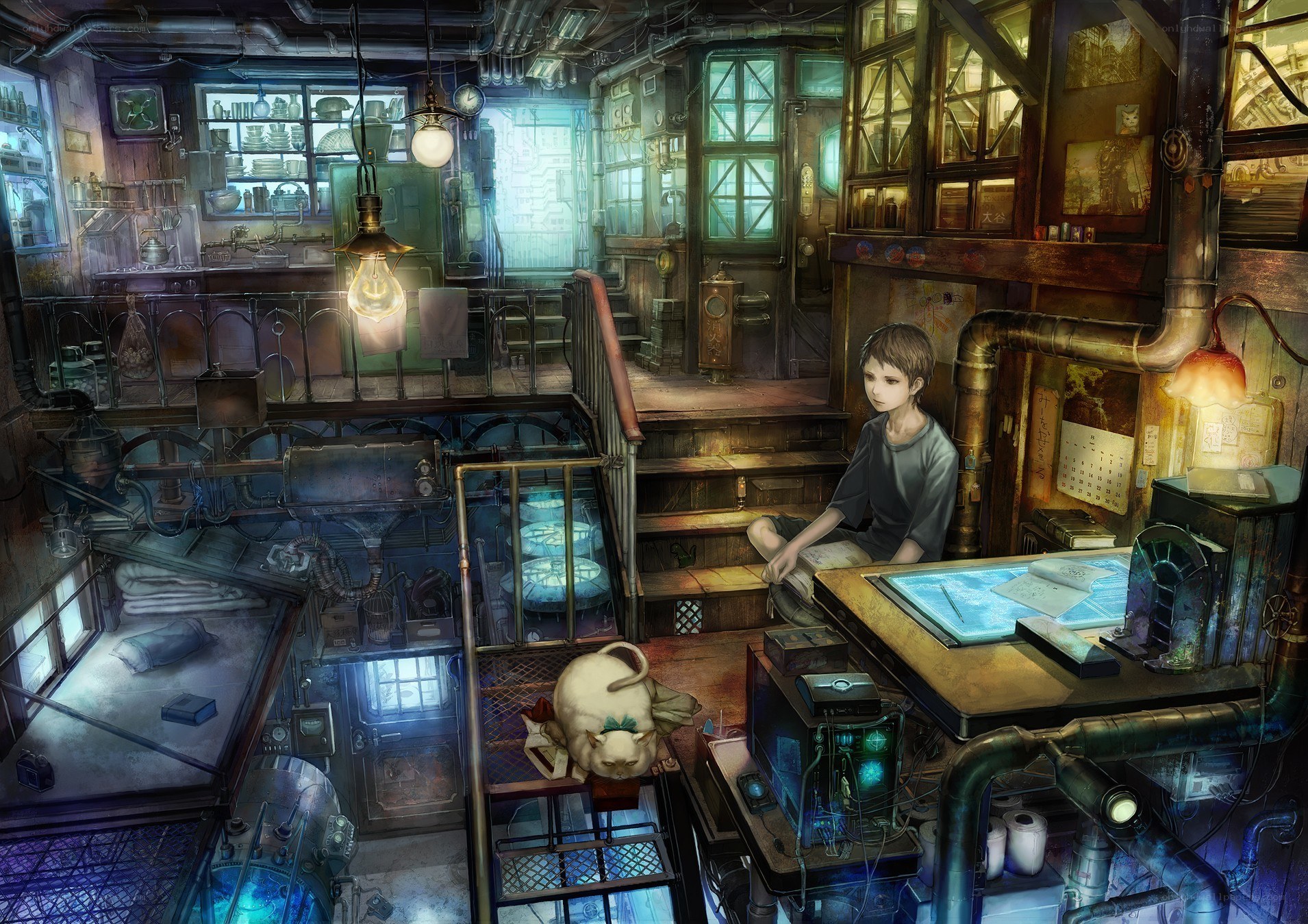 boy in a steampunk workshop