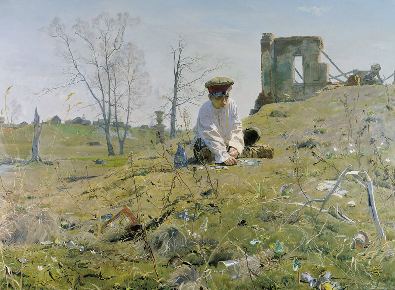 Boy in a war-torn landscape